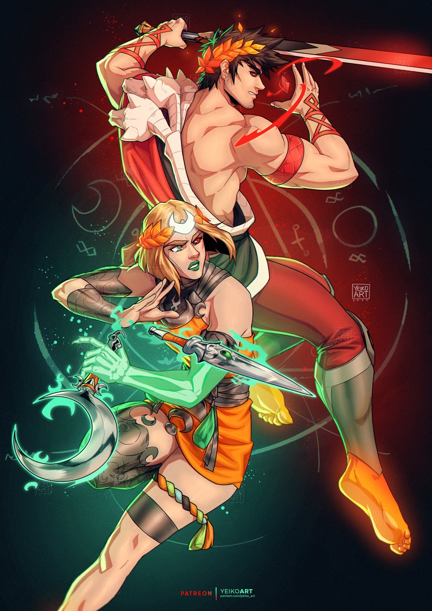 1boy 1girl ancient_greek_clothes animal_skull armlet asymmetrical_arms bare_shoulders barefoot black_hair black_sclera blonde_hair brother_and_sister colored_sclera crescent dagger dress facial_hair fighting_stance goatee_stubble greco-roman_clothes hades_(series) hades_1 hades_2 holding holding_sickle holding_sword holding_weapon jewelry knife laurel_crown looking_to_the_side melinoe_(hades) mismatched_sclera muscular muscular_male off-shoulder_dress off_shoulder red_dress see-through_body short_hair siblings sigil signature single_bare_shoulder stubble sword weapon yeiko_art zagreus_(hades)