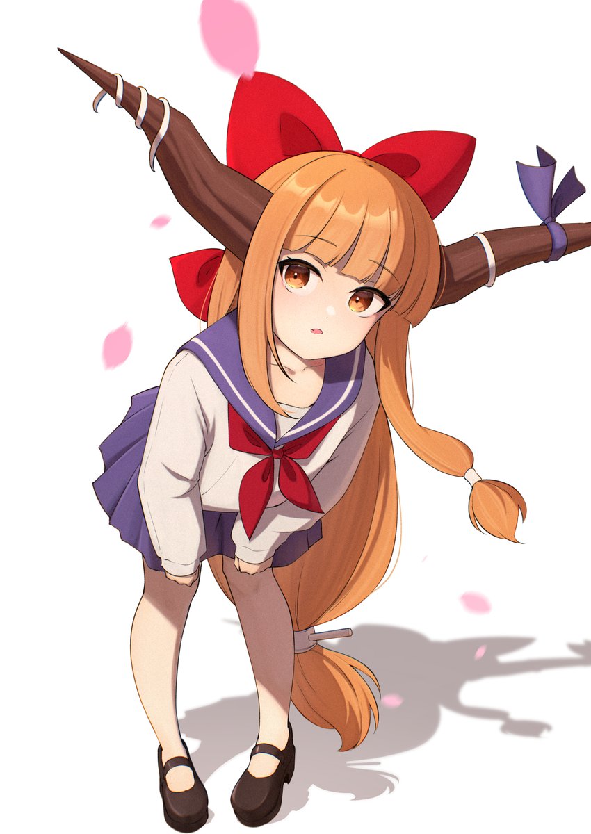 1girl alternate_costume blunt_bangs fang full_body highres horns ibuki_suika looking_at_viewer oeyama orange_eyes orange_hair parted_lips pigeon-toed shadow skin_fang solo touhou