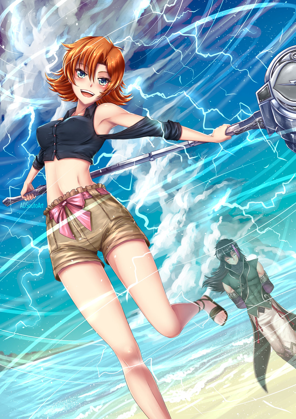 1boy 1girl adsouto aqua_eyes black_hair blush breasts changpao chinese_clothes electricity fingerless_gloves gloves green_eyes hammer heart highres lie_ren lightning long_hair looking_at_viewer looking_down magnhild medium_breasts nora_valkyrie open_mouth orange_hair pantyhose petticoat ponytail rwby short_hair smile tagme tornado very_long_hair warhammer weapon
