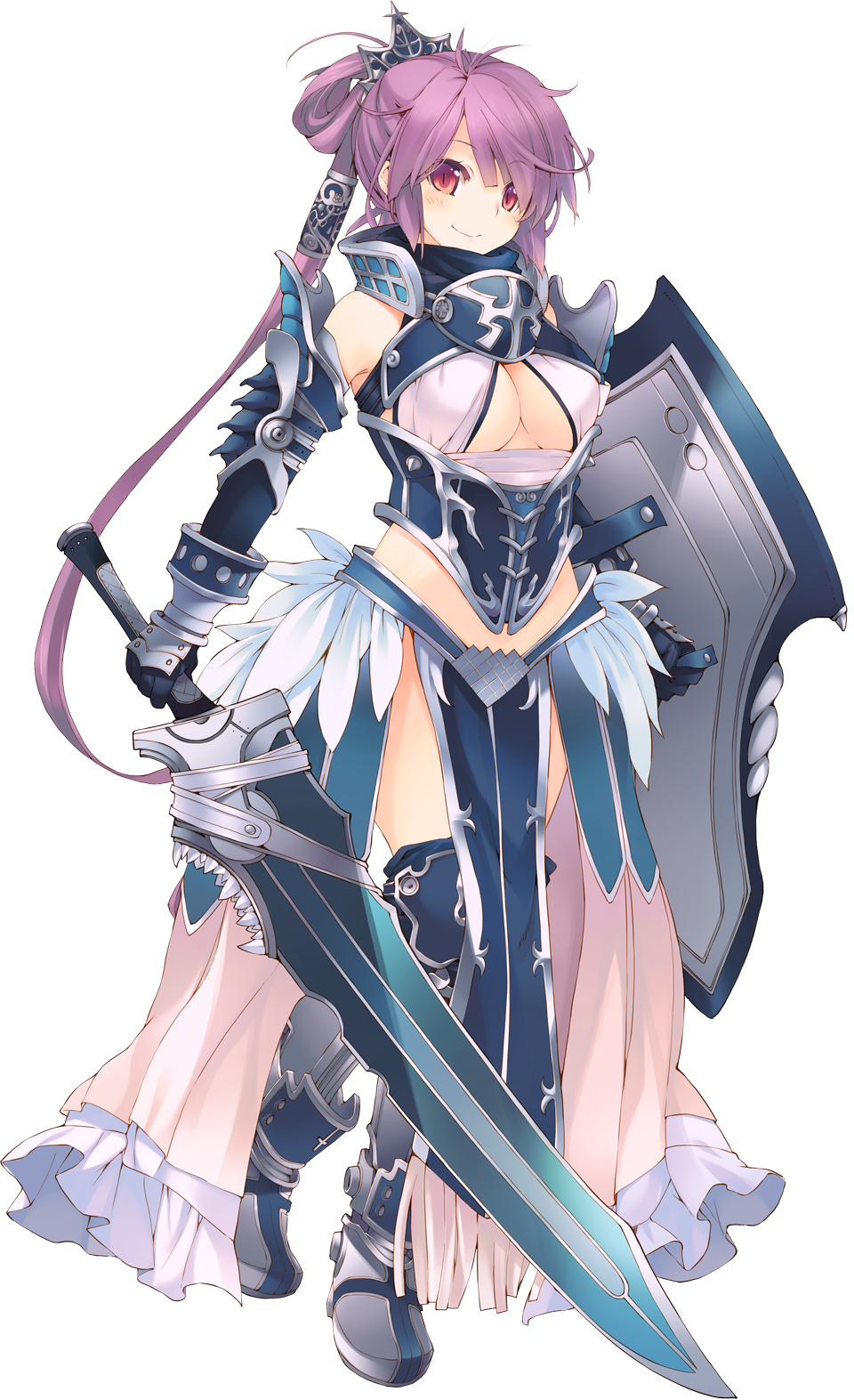 1girl amazuyu_tatsuki aquaplus armor armored_boots blush boots breasts cleavage cleavage_cutout clothing_cutout dungeon_travelers_2 female_focus full_body gauntlets hair_ornament highres holding holding_weapon houzouji_yae kokonoka looking_at_viewer medium_breasts pelvic_curtain purple_hair red_eyes shield smile solo standing sword thighhighs transparent_background weapon