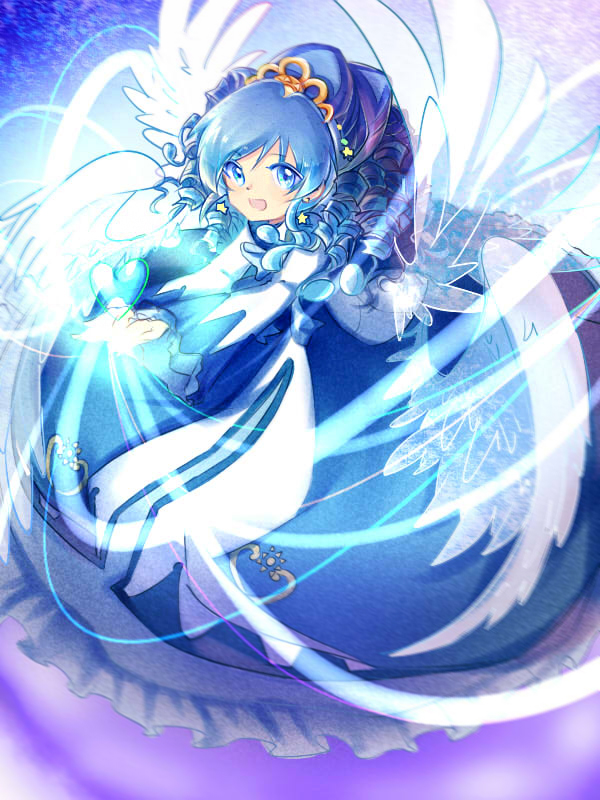angel_wings blue_eyes blue_hair crown curly_hair dress earrings frilled_dress frills fushigiboshi_no_futago_hime hair_ornament jewelry looking_at_viewer magical_girl nako_(unclebanana) open_mouth pixiv princess rein_(futagohime) wings