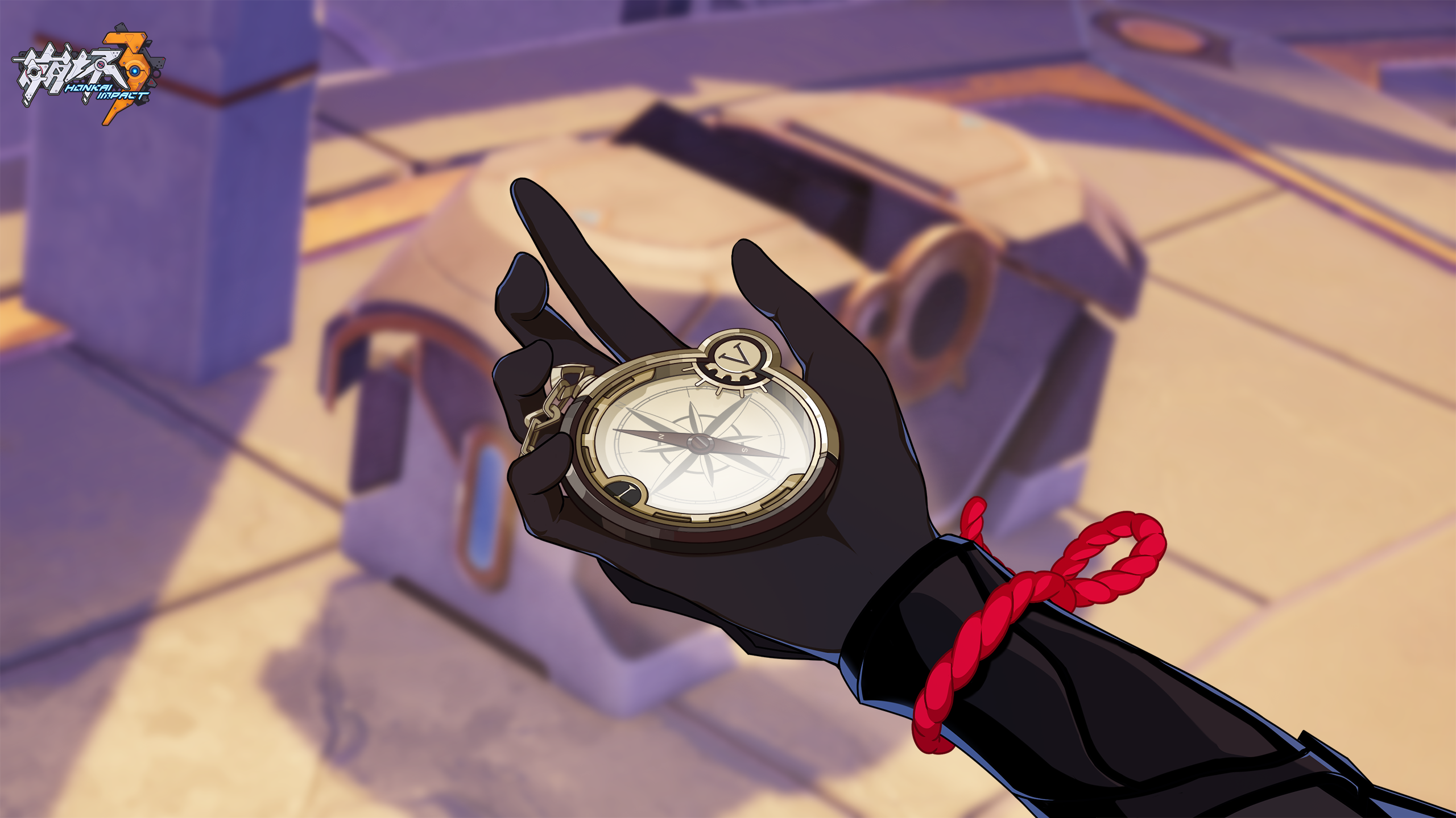 1girl armor black_armor black_gloves blurry blurry_background compass day english_text gloves highres holding honkai_(series) honkai_impact_3rd japanese_clothes logo official_alternate_costume official_art official_wallpaper open_hand raiden_mei raiden_mei_(danzai_spectramancer) raiden_mei_(orochi_cuirass) treasure_chest