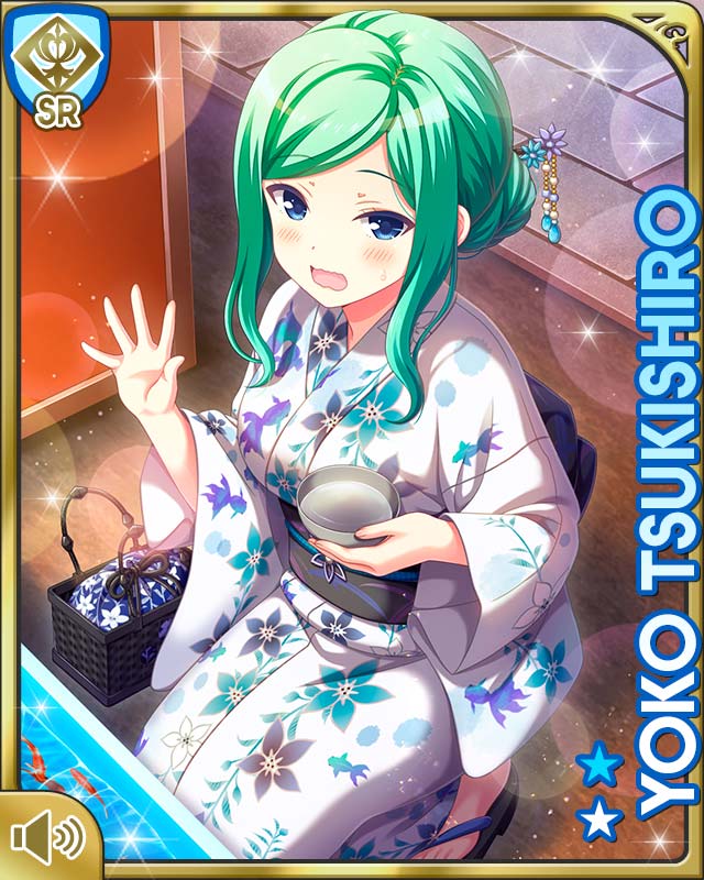1girl blue_eyes blush bowl breasts card_(medium) female_focus fish girlfriend_(kari) goldfish green_hair japanese_clothes kimono long_hair long_sleeves night official_art open_mouth outdoors qp:flapper sitting solo tagme tsukishiro_youko upset water white_kimono