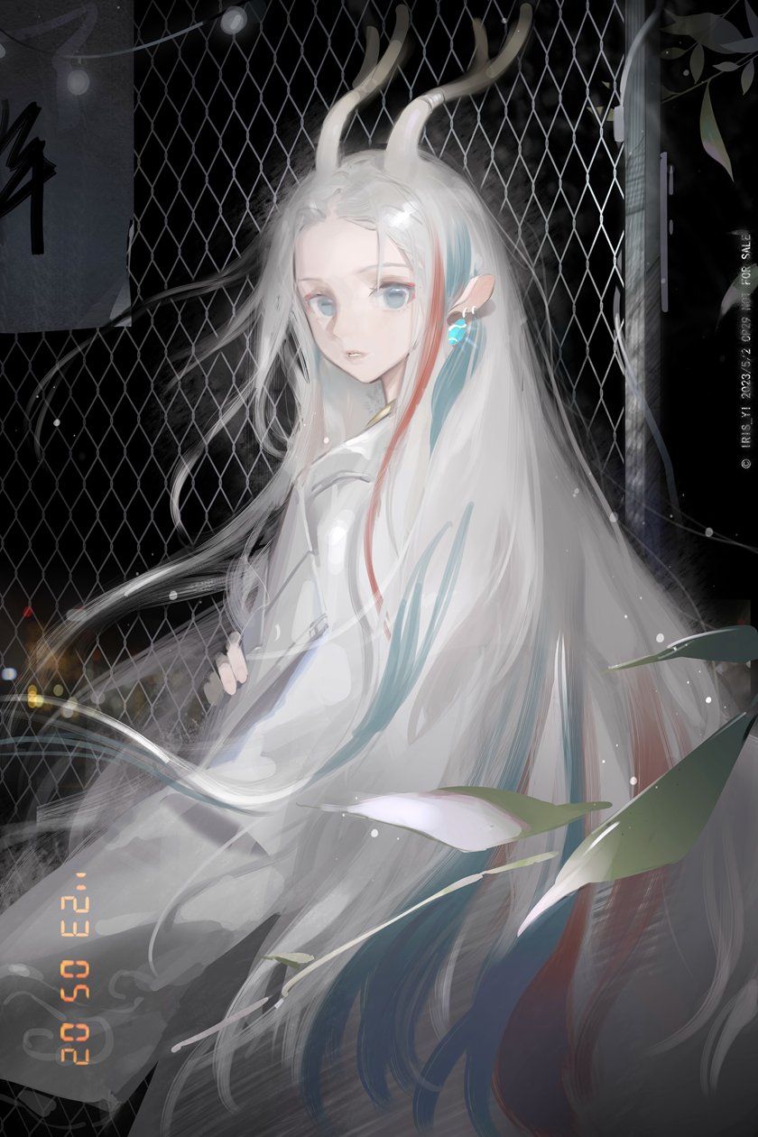 1girl a_deer_of_nine_colors animal_ears antler_ring antlers arknights blue_eyes blue_hair blurry bokeh chain-link_fence commentary cowboy_shot deer_antlers deer_ears deer_girl depth_of_field earrings fence from_behind highres horns iris_yi jacket jewelry long_hair looking_at_viewer multicolored_hair nine-colored_deer parted_lips red_hair solo symbol-only_commentary very_long_hair white_hair white_jacket