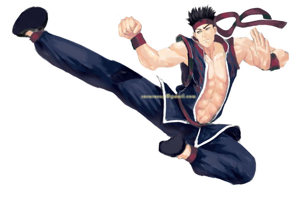 1boy bajiquan_(martial_arts) flying_kick headband kicking sega shoes spiked_hair tagme virtua_fighter yuki_akira