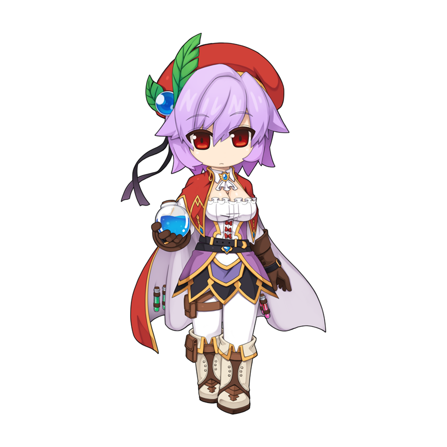 1girl ascot belt beret biolo_(ragnarok_online) black_belt black_skirt blue_brooch boots breasts brown_gloves cape cape_holster chibi cleavage cleavage_cutout closed_mouth clothing_cutout corset expressionless fold-over_boots full_body gloves hair_between_eyes hat hat_ornament holding holster leaf_hat_ornament looking_at_viewer medium_breasts miniskirt official_art pants potion purple_corset purple_hair ragnarok_online red_cape red_eyes red_hat shirt short_hair simple_background skirt solo standing tachi-e thigh_holster transparent_background two-sided_cape two-sided_fabric vial white_ascot white_boots white_cape white_pants white_shirt yuichirou