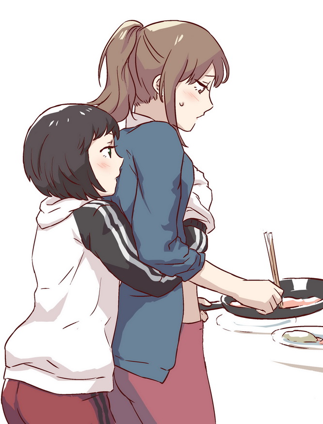 2girls bad_deviantart_id bad_id blush chopsticks cooking flauschtraut food frying_pan grabbing_another&#039;s_breast grabbing_from_behind groping hand_under_clothes komano_hina multiple_girls okujou_no_yurirei-san omelet staring sweatdrop tamagoyaki toomi_yuna yuri
