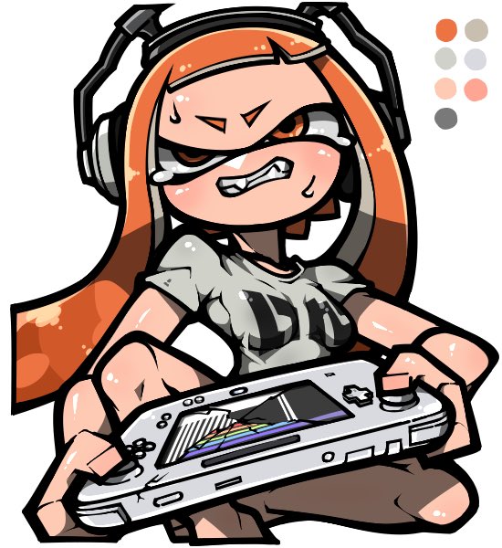 1girl angry bare_legs barefoot breasts broken_screen clenched_teeth color_guide crack cracked_screen fangs game_console grey_shirt headphones inkling inkling_girl inkling_player_character long_hair medium_breasts name_omoitukan2 nintendo orange_eyes orange_hair playing_games shiny_skin shirt short_sleeves simple_background sitting solo splatoon_(series) sweat teeth tentacle_hair thick_lineart uneven_eyes white_background wii_u wii_u_gamepad
