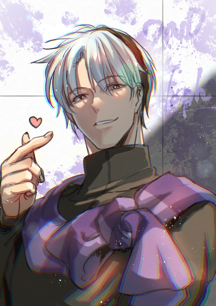 1boy aleph_coulson black_shirt character_name hand_up heart highres kusu_(moo1225) purple_scarf scarf shirt short_hair smile solo upper_body white_hair yuukyuu_gensoukyoku