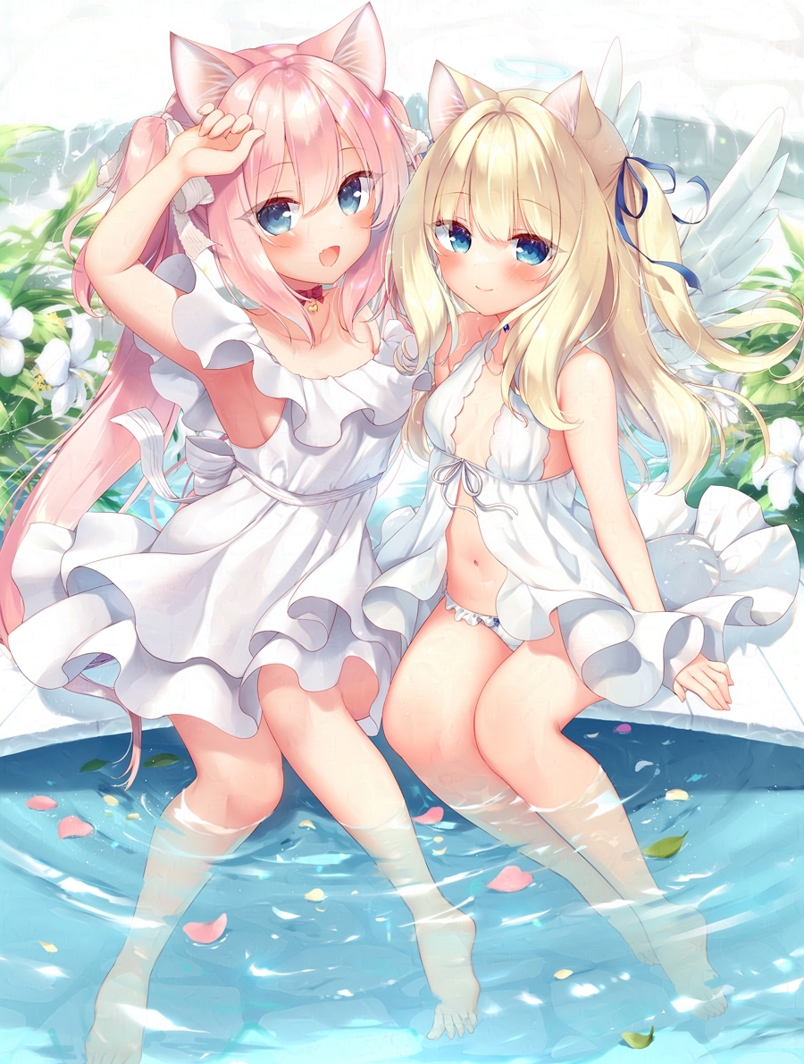 2girls :d animal_ears armpits bare_shoulders barefoot blonde_hair blue_eyes blush boku_no_risou_no_isekai_seikatsu breasts dress looking_at_viewer medium_breasts multiple_girls navel open_mouth panties pink_hair sazaki_ichiri sitting sleeveless small_breasts smile soaking_feet underwear white_dress white_panties wings