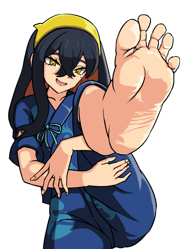 1girl barefoot black_hair carmine_(pokemon) feet foot_focus game_freak hairband japanese_clothes jinbei_(clothes) jmpdwgtdw938 long_hair looking_at_viewer nintendo official_alternate_costume open_mouth outstretched_foot pokemon pokemon_sv soles toes yellow_eyes