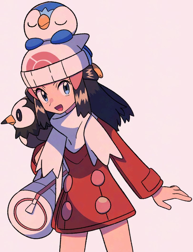 1girl :d bag beanie bird black_hair blue_eyes coat commentary_request cowboy_shot dawn_(pokemon) duffel_bag eyelashes gen_4_pokemon hair_ornament hairclip hat long_hair long_sleeves looking_at_viewer nintendo on_head on_shoulder open_mouth piplup pokemon pokemon_(creature) pokemon_dppt pokemon_on_head pokemon_on_shoulder pokemon_platinum red_coat scarf sidelocks simple_background smile starly tyako_089 white_scarf zipper_pull_tab