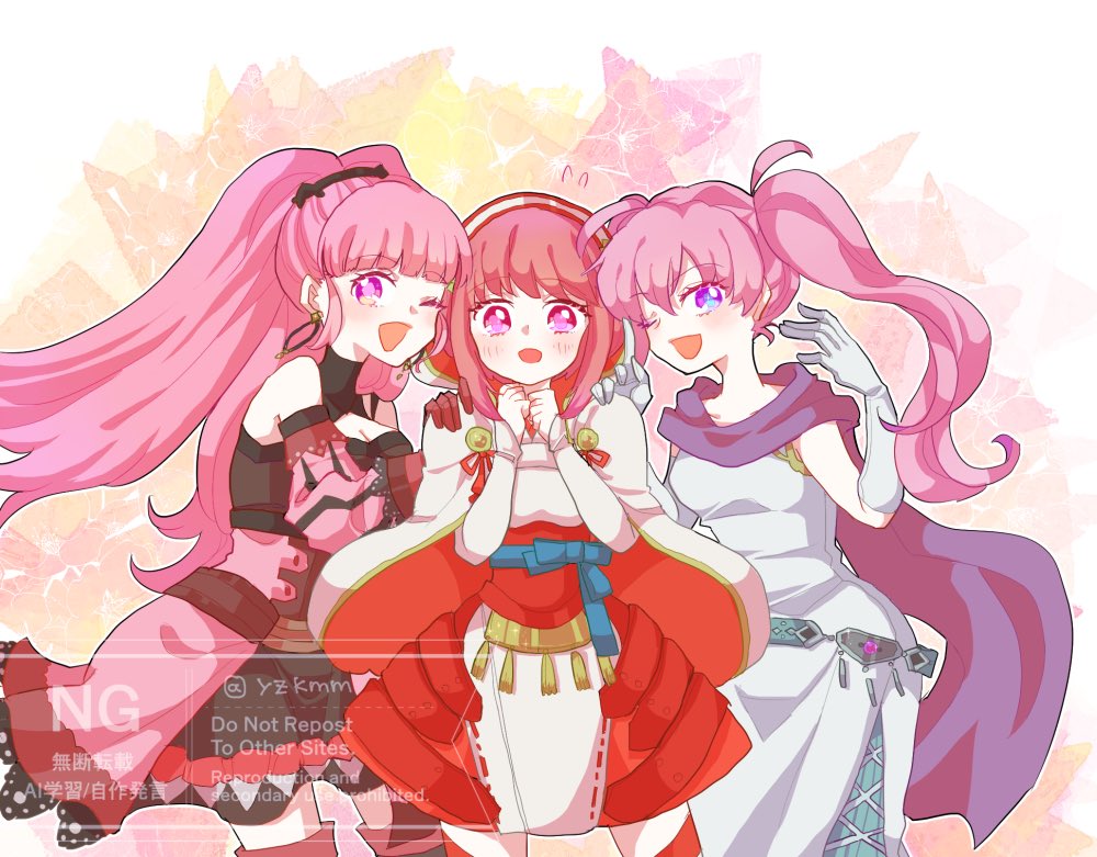 3girls :d arms_up blush breasts cleavage color_connection commentary dress earrings english_commentary female_focus fire_emblem fire_emblem:_the_blazing_blade fire_emblem:_three_houses fire_emblem_fates flying_sweatdrops hair_color_connection hilda_valentine_goneril in-franchise_crossover jewelry long_hair looking_at_viewer multiple_girls nintendo one_eye_closed open_mouth pink_eyes pink_hair purple_eyes red_hair sakura_(fire_emblem) serra_(fire_emblem) smile standing trait_connection twintails watermark white_dress wink yzkmm
