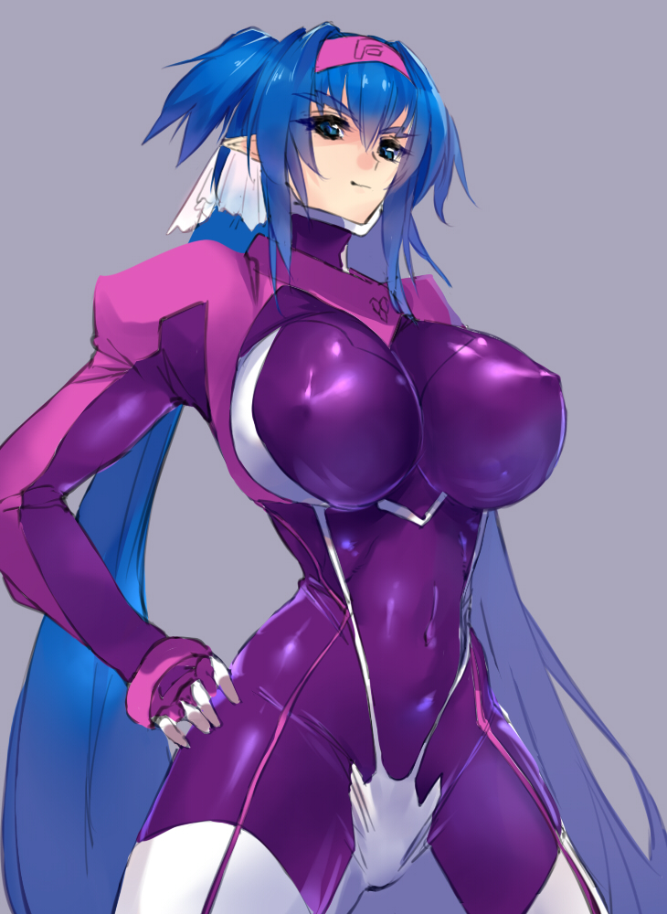 1girl blue_eyes blue_hair bodysuit breasts covered_erect_nipples covered_navel hand_on_own_hip headband klan_klein large_breasts long_hair macross macross_frontier multicolored_bodysuit negresco pointy_ears purple_bodysuit smile solo twintails upper_body very_long_hair zentradi