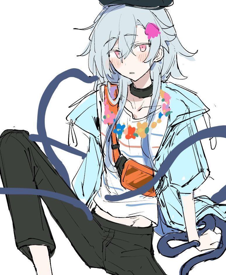 1boy arknights azuma_shino beret black_hat black_pants blue_flower blue_hair blue_jacket collarbone flower flower_necklace gradient_hair hair_between_eyes hair_ornament hat jacket jellyfish_hair_ornament jewelry long_hair looking_at_viewer male_focus midriff_peek mizuki_(arknights) mizuki_(summer_feast)_(arknights) multicolored_hair necklace on_floor open_clothes open_jacket pants pink_flower purple_hair shirt short_sleeves sitting sketch solo striped_clothes striped_shirt tentacles very_long_hair white_shirt yellow_flower