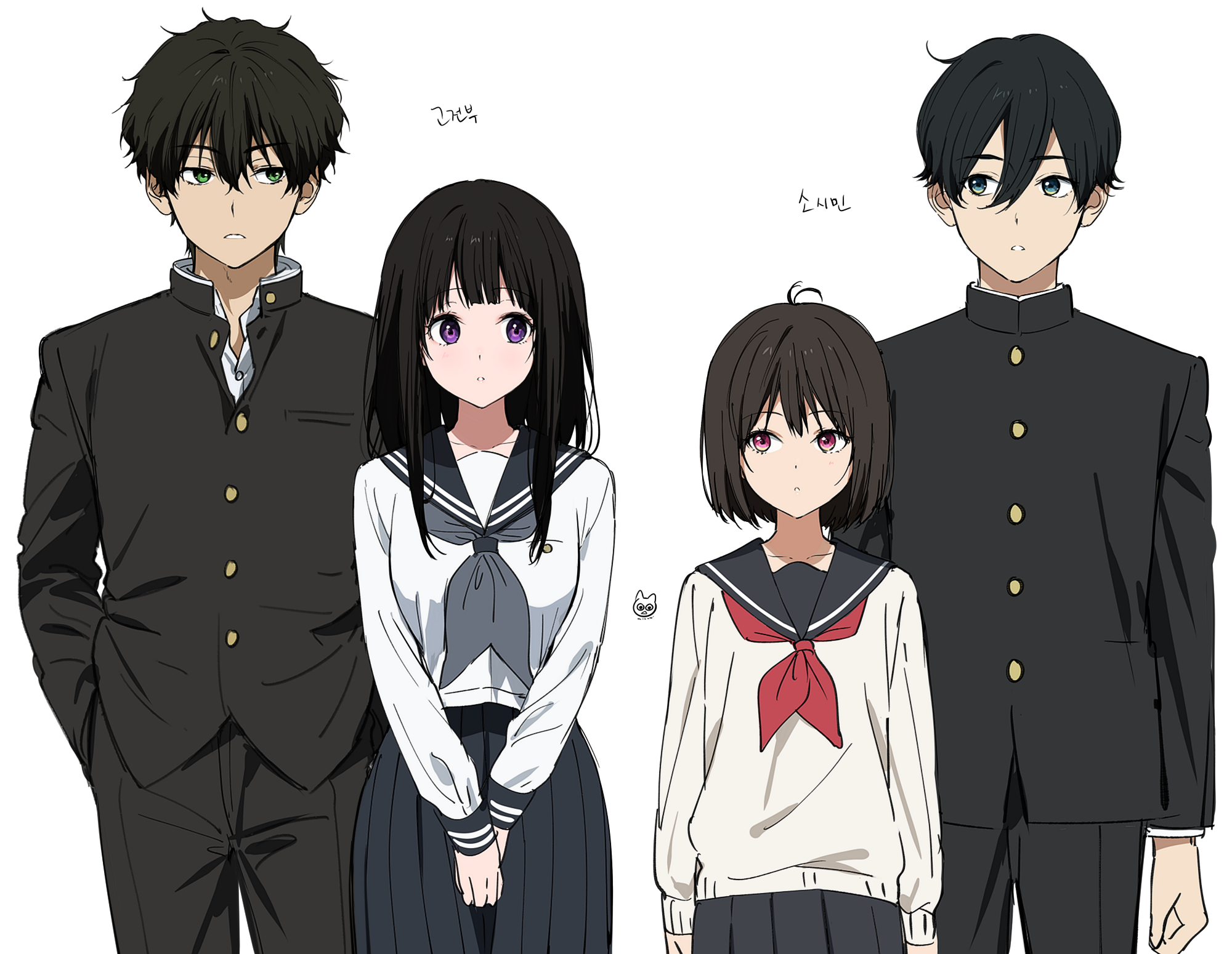 2boys 2girls artist_logo black_hair blush bob_cut breasts brown_eyes brown_hair chitanda_eru crossover gakuran highres hyouka kamiyama_high_school_uniform_(hyouka) kobato_jougorou logo long_hair long_sleeves mery_(yangmalgage) multiple_boys multiple_girls oreki_houtarou osanai_yuki purple_eyes sailor_collar school_uniform serafuku shirt short_hair shoushimin_series sideways_glance simple_background skirt standing white_background white_shirt