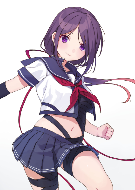 1girl ariake_(kancolle) bandages blue_sailor_collar blue_skirt commission cosplay hair_over_one_eye kako_(kancolle) kako_(kancolle)_(cosplay) kako_kai_ni_(kancolle) kako_kai_ni_(kancolle)_(cosplay) kantai_collection long_hair low_ponytail midriff mitsuyo_(mituyo324) navel neckerchief pleated_skirt ponytail purple_eyes purple_hair red_neckerchief sailor_collar school_uniform serafuku simple_background skirt solo white_background