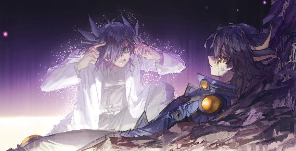 2boys angry black_background black_gloves black_hair black_pants black_sky blue_eyes blue_jacket boulder closed_eyes doctor_fudo dress_shirt facial_tattoo fudo_yusei ghost gloves grey_shirt hand_on_own_face jacket knee_pads lab_coat lights lying male_focus meme momentcorefly mountain multiple_boys on_back on_one_knee open_clothes open_jacket open_mouth pants rock shirt shoulder_plates sky spirit tattoo think_mark_think!_(meme) yu-gi-oh! yu-gi-oh!_5d&#039;s