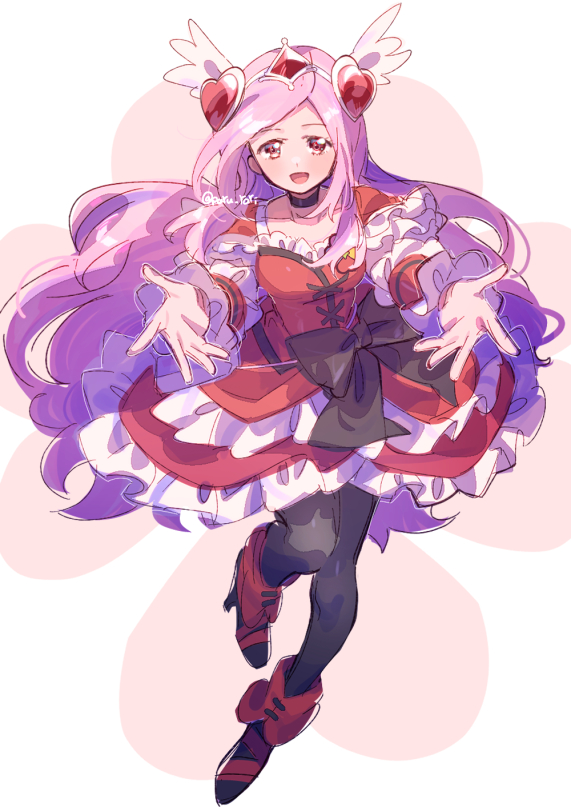 1girl black_boots black_bow black_choker black_pantyhose boots bow brooch choker circle_skirt circlet clover clover_brooch collarbone cross-laced_clothes cross-laced_dress cure_passion dot_nose dress floating_clothes four-leaf_clover fresh_precure! frilled_arm_warmers frilled_dress frilled_sleeves frills full_body hair_ornament happy heart heart_hair_ornament higashi_setsuna high_heel_boots high_heels jewelry light_blush long_hair multicolored_boots open_mouth outstretched_arms pantyhose pink_hair precure red_arm_warmers red_background red_boots red_dress red_eyes serizawa_serizane short_dress short_sleeves sidelocks smile solo tareme twitter_username two-tone_background two-tone_boots very_long_hair waist_bag waist_bow white_background white_bag wing_hair_ornament