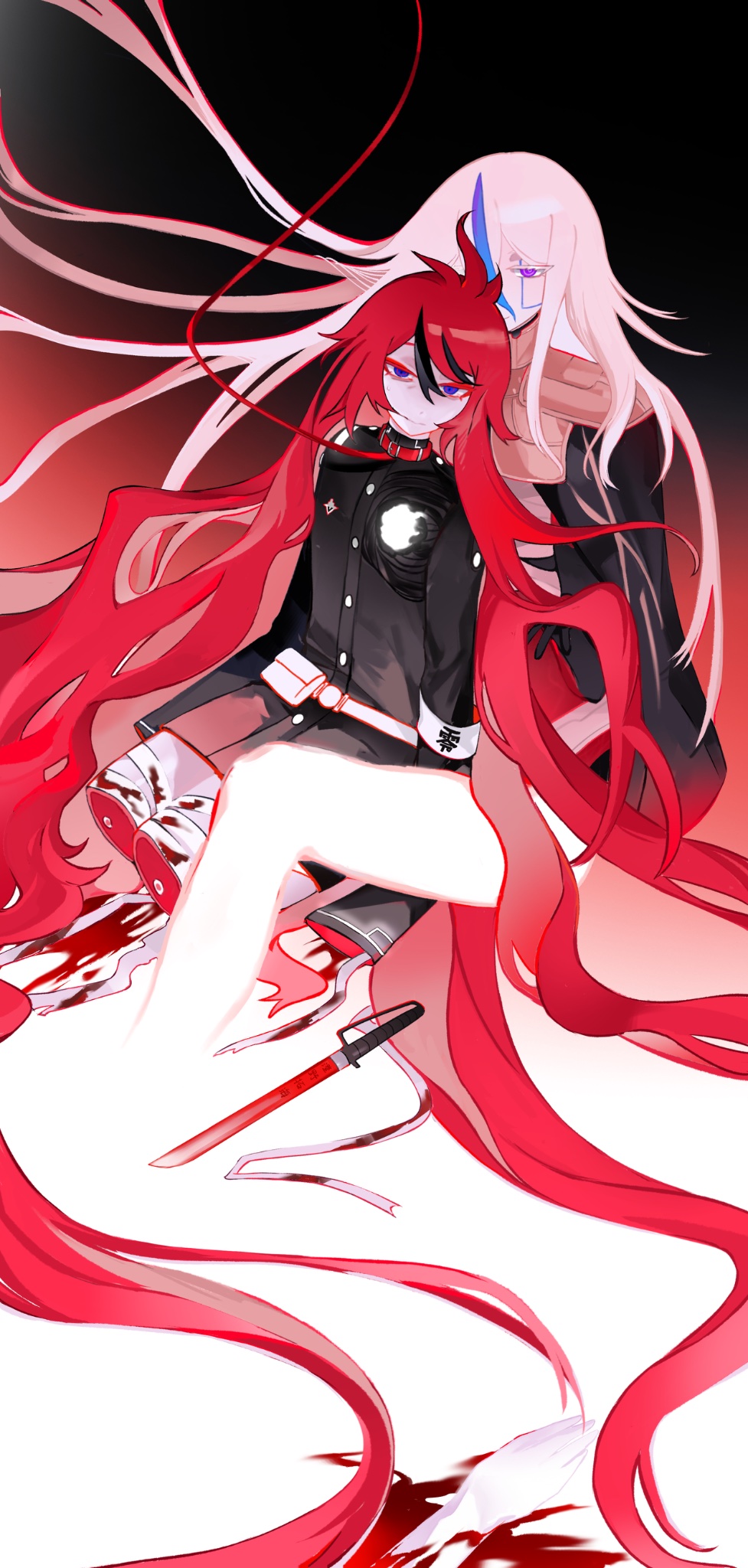 absurdly_long_hair ahoge armor black_background black_hair blood blue_eyes blue_hair closed_mouth collar gradient_background hair_between_eyes highres last_defense_academy_school_uniform leash long_hair looking_at_viewer multicolored_eyes multicolored_hair one_eye_covered purple_eyes red_background red_eyes red_hair severed_leg severed_limb shoulder_armor simple_background sumino_takumi sword the_hundred_line_-last_defense_academy- v&#039;ehxness very_long_hair weapon white_background white_hair