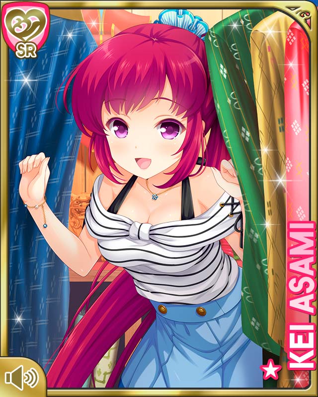 1girl asami_kei bare_arms bare_shoulders blush bra breasts card_(medium) cleavage girlfriend_(kari) jewelry light_smile long_hair medium_breasts necklace open_mouth ponytail red_hair scrunchie skirt swept_bangs underwear very_long_hair