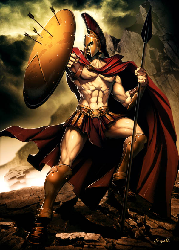 1boy 300_(movie) armor arrow_(projectile) cape clenched_teeth corinthian_helmet full_body genzoman greaves helmet leonidas male_focus manly mountain muscular polearm pteruges realistic shield signature solo spear teeth vambraces weapon