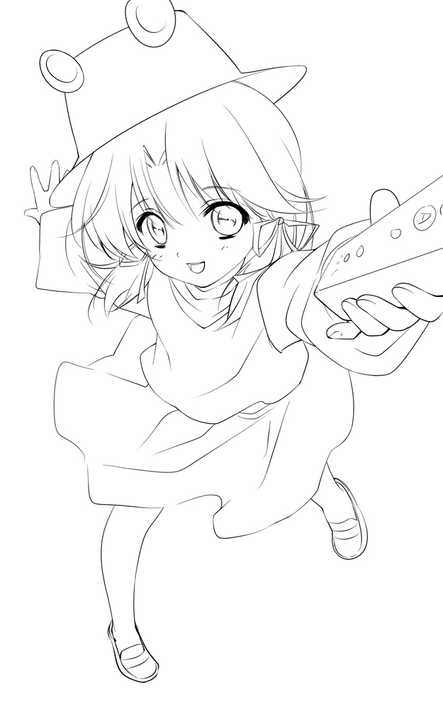 1girl bad_id bad_pixiv_id female_focus game_console greyscale lineart monochrome moriya_suwako nintendo santa_matsuri solo team_shanghai_alice touhou wii