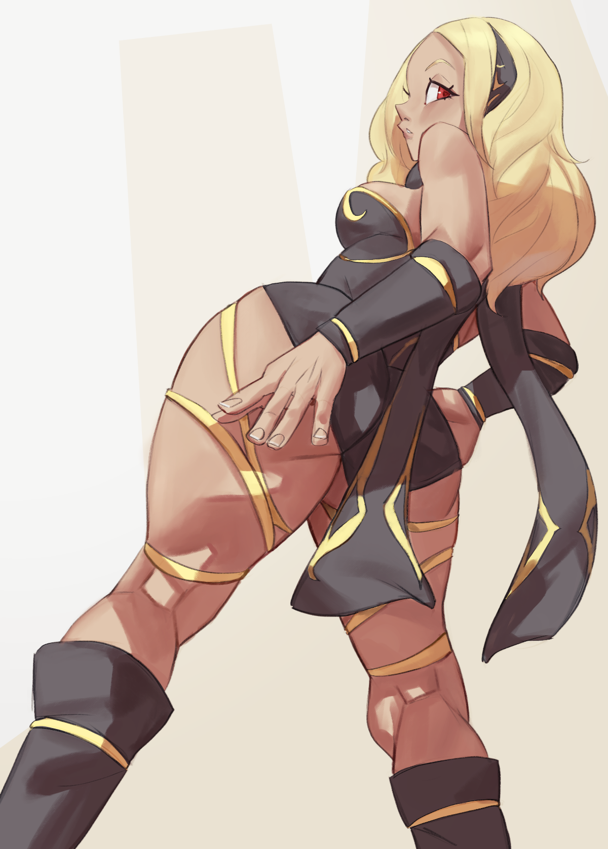 1girl ass blonde_hair breasts cream_background dark-skinned_female dark_skin detached_sleeves dlusionalx gravity_daze grey_background kitten_(gravity_daze) legs looking_back looking_down medium_breasts red_eyes thighhighs