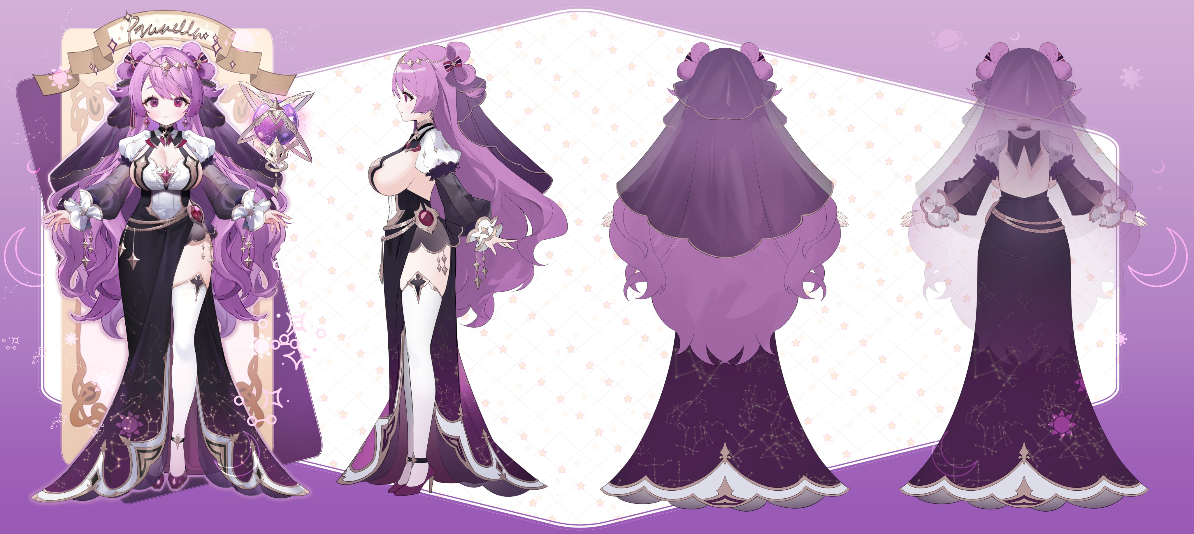 1girl absurdres andromeda_(constellation) aquarius_(constellation) aries_(constellation) backless_dress backless_outfit big_dipper black_dress bow breasts cancer_(constellation) capricorn_(constellation) cassiopeia_(constellation) character_name reference_sheet cleavage cleavage_cutout closed_mouth clothing_cutout constellation constellation_print corvus_(constellation) crystal_ball cygnus_(constellation) dress gemini_(constellation) hair_bow hair_ornament heterochromia high_heels highres indie_virtual_youtuber lacerta_(constellation) large_breasts leo_(constellation) libra_(constellation) long_dress long_hair long_sleeves multicolored_bow multiple_views namyo pegasus pink_eyes prunella_fruity purple_eyes purple_footwear purple_hair sagittarius_(constellation) scorpius_(constellation) second-party_source side_slit sideboob taurus_(constellation) thighhighs ursa_major_(constellation) veil very_long_hair virgo_(constellation) virtual_youtuber white_thighhighs