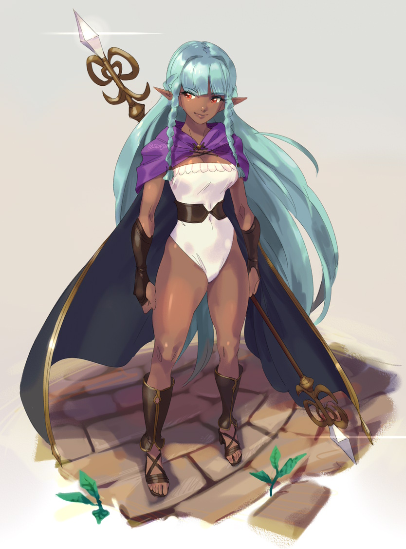 1girl aqua_hair arms_at_sides blunt_bangs braided_sidelock breasts brick_floor cape cleavage clenched_hand closed_mouth dark-skinned_female dark_skin elf eyebrows_hidden_by_hair full_body grey_background hair_intakes holding holding_lance holding_polearm holding_spear holding_weapon lance leotard lips long_hair medium_breasts neck pointy_ears polearm purple_cape red_eyes rosalinde_(unicorn_overlord) smile spear standing strapless strapless_leotard stup-jam unicorn_overlord very_long_hair weapon white_leotard