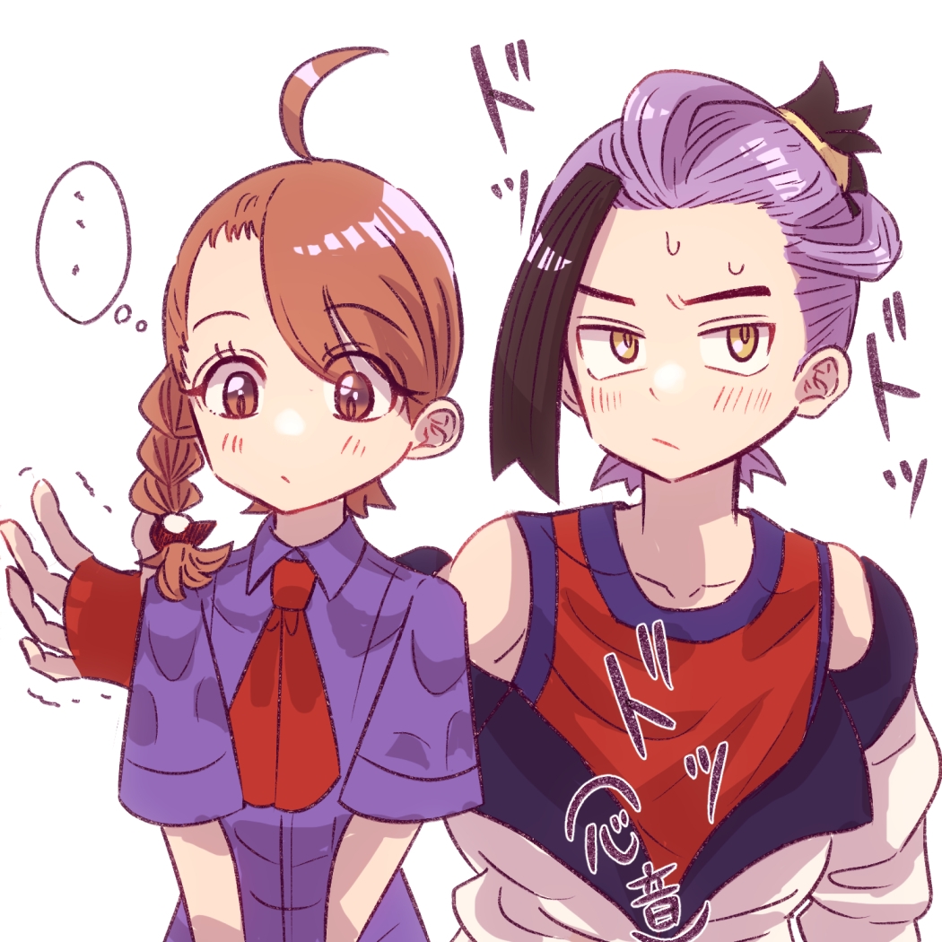 ... 1boy 1girl ahoge akasan_haihai arm_around_back arm_around_shoulder black_hair braid brown_eyes brown_hair gloves high_ponytail hover_hand jacket juliana_(pokemon) kieran_(pokemon) multicolored_hair necktie nervous_sweating nintendo orange_necktie pokemon pokemon_sv ponytail purple_hair purple_shirt red_gloves red_tank_top shaking shirt sweat tank_top trembling two-tone_hair white_background white_jacket yellow_eyes