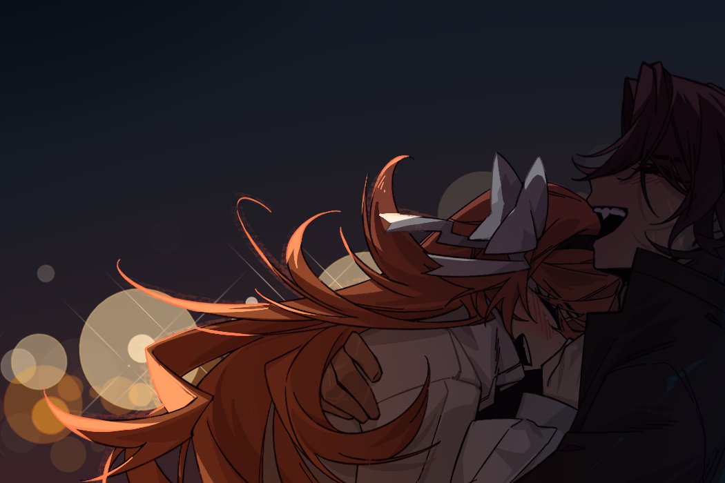 1boy 1girl blush bow brown_coat brown_hair closed_eyes coat commentary hair_bow hands_up hashtag-only_commentary heathcliff_(project_moon) hetero ishmael_(project_moon) jacket limbus_company long_hair long_sleeves mercuryhx open_mouth orange_hair project_moon sidelocks smile very_long_hair white_bow white_jacket zwei_association_(identity)_(project_moon) zwei_south_(identity)_(project_moon)