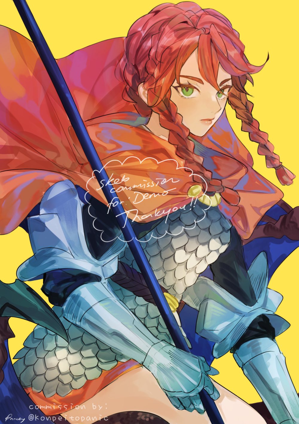 1girl armor artist_name aubz braid cape character_request closed_mouth commentary commission commissioner_name copyright_name english_commentary gauntlets green_eyes highres holding holding_weapon long_hair looking_at_viewer pink_lips red_cape red_hair scale_armor signature skeb_commission solo thank_you twin_braids twitter_username vgen_commission weapon