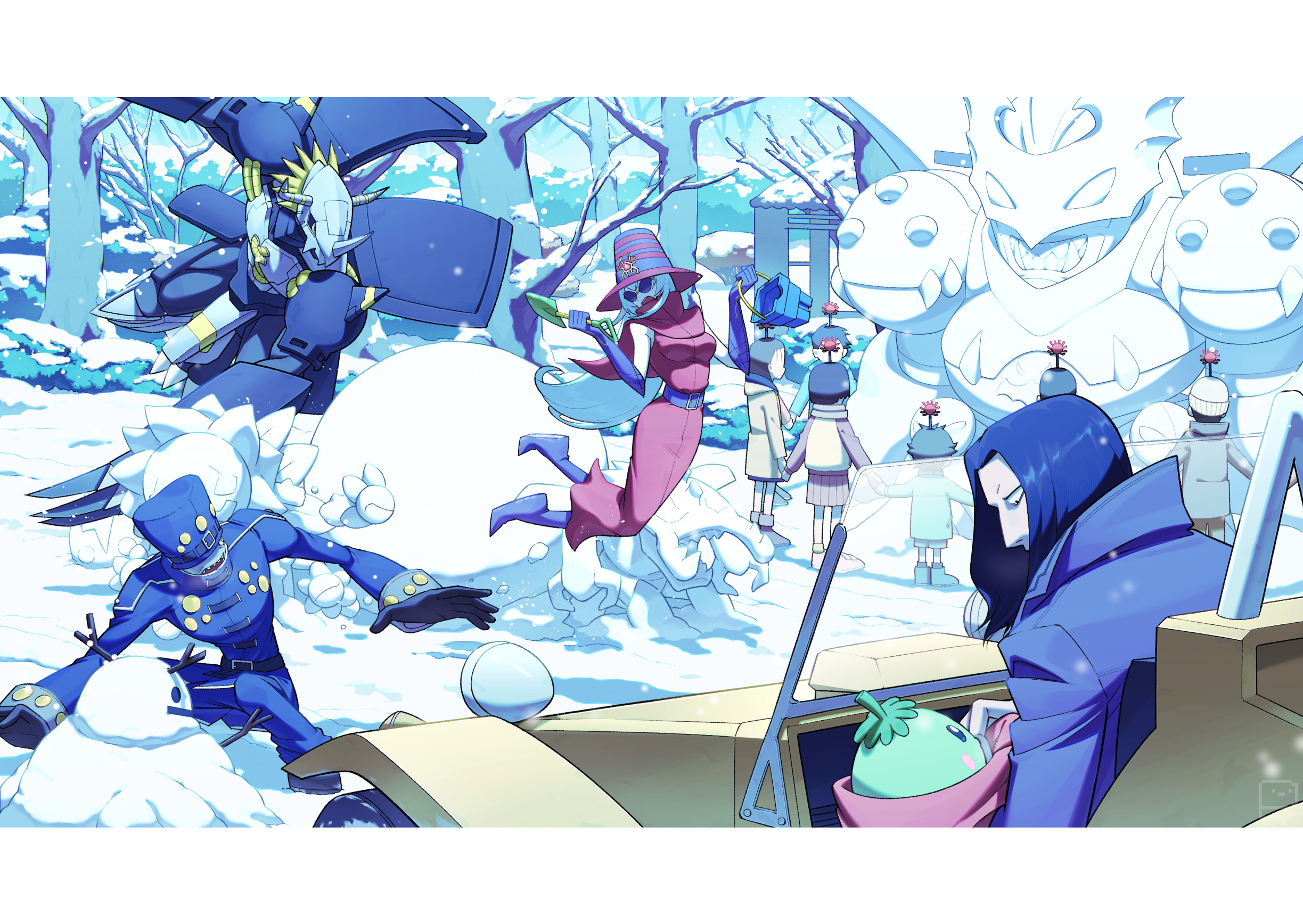 archnemon belialvamdemon belt blackwargreymon blossomon blue_hair digimon digimon_(creature) glasses hat highres kuwagamon long_hair mummymon oikawa_yukio pipimon snow snowman yellow_eyes