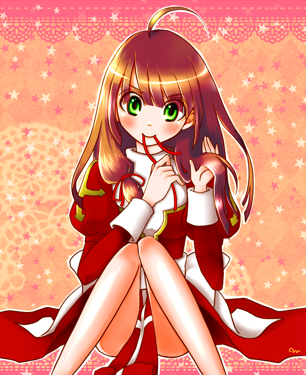 1girl ahoge blunt_bangs blush breasts brown_hair closed_mouth comame commentary_request dress feet_out_of_frame green_eyes hair_tie_in_mouth high_priest_(ragnarok_online) juliet_sleeves long_hair long_sleeves medium_breasts mouth_hold no_legwear pelvic_curtain puffy_sleeves ragnarok_online red_dress sash sidelocks sitting smile solo star_(symbol) star_symbol_background two-tone_dress tying_hair white_dress white_sash