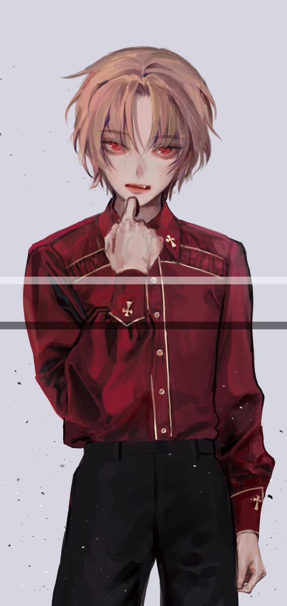 1boy akatsuki_no_yona bad_id bad_twitter_id black_pants blonde_hair buttons cross cross_patty fangs grey_background hair_between_eyes hand_on_own_chin highres long_sleeves looking_to_the_side male_focus pants parted_bangs red_eyes red_shirt shirt shirt_tucked_in short_hair simple_background solo yona_hyeon yoon_(akatsuki_no_yona)