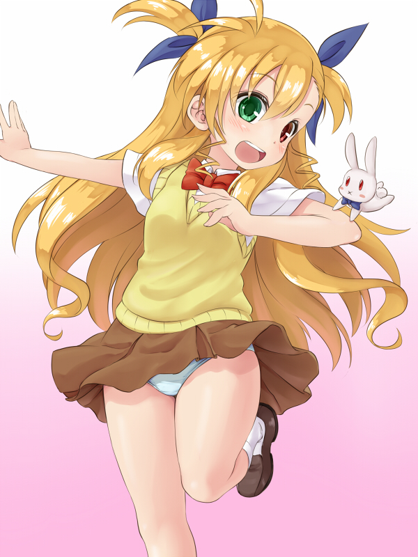10s 1girl :d animal_ears blonde_hair blouse blush bow bowtie dress_shirt female_focus green_eyes hair_ribbon heterochromia loafers long_hair looking_at_viewer lyrical_nanoha mahou_shoujo_lyrical_nanoha mahou_shoujo_lyrical_nanoha_vivid musouduki open_mouth outstretched_arm panties pantyshot rabbit_ears red_bow red_bowtie red_eyes ribbon school_uniform shirt shoes skirt smi smile socks solo standing sweater_vest two_side_up underwear very_long_hair vest vivio white_panties white_shirt white_socks