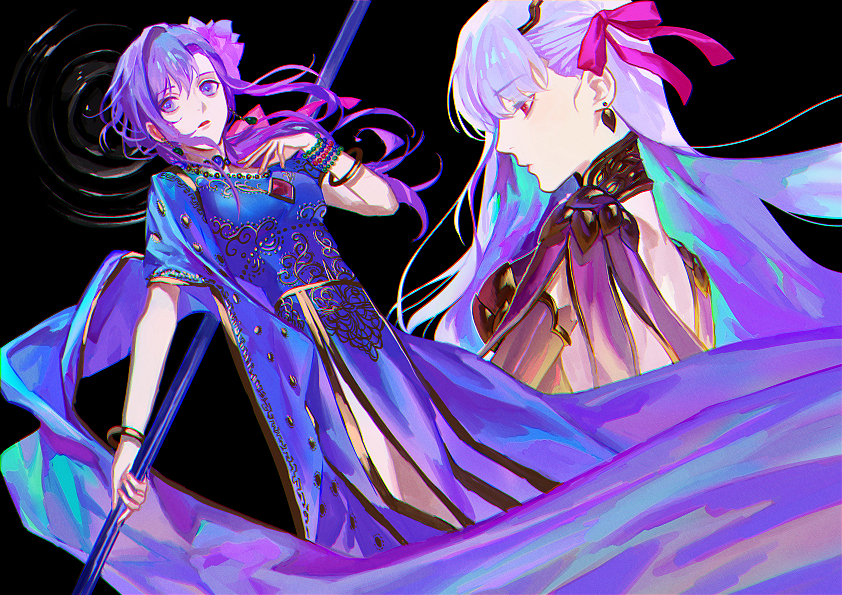 2girls bracelet collar daeraeband dress earrings fate/grand_order fate_(series) hair_ribbon holding holding_polearm holding_weapon indian_clothes jewelry kama_(fate) kama_(second_ascension)_(fate) long_hair low_ponytail matou_sakura metal_collar multiple_girls parvati_(fate) polearm ponytail purple_dress purple_hair red_eyes ribbon weapon white_hair