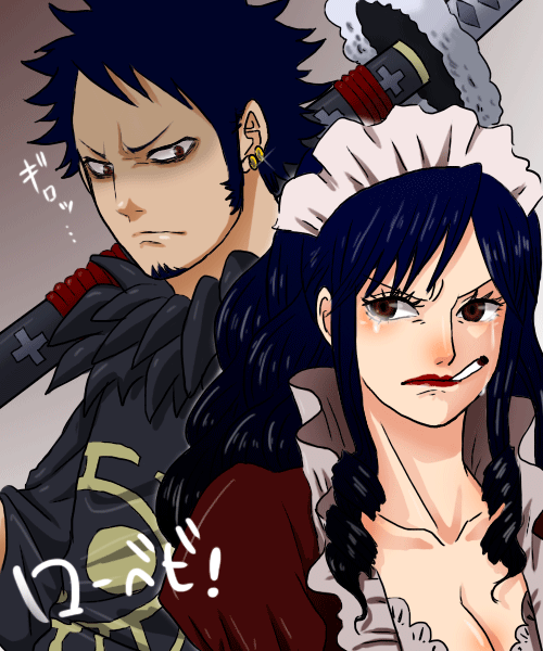 ! 1boy 1girl baby_5 black_hair brown_eyes cigarette closed_mouth collar commentary_request crying crying_with_eyes_open dress earrings facial_hair frilled_collar frills goatee hair_ornament holding holding_sword holding_weapon jewelry lips lipstick long_hair long_sideburns long_sleeves maid_headdress makeup mouth_hold mugicha_(zoro1132) one_piece red_lips short_hair sideburns sword tears trafalgar_law translation_request weapon