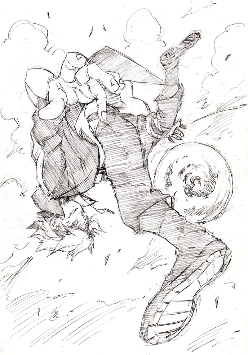 1boy boots cloud forehead_protector foreshortening full_body greyscale jacket looking_at_viewer makkamu male_focus monochrome naruto_(classic) naruto_(series) short_hair sketch smile smirk solo traditional_media upside-down uzumaki_boruto white_background