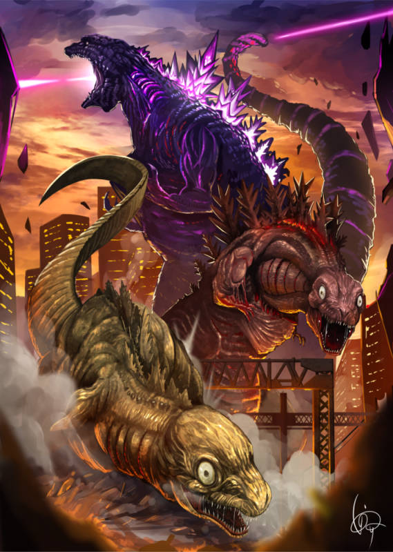 age_progression atomic_breath breath_weapon building city claws cloud destruction dusk energy energy_beam extra_mouth giant giant_monster gills glowing glowing_gills glowing_spikes godzilla godzilla_(series) inosuke_(monstruo) kaiju monster mouth_beam multiple_heads no_humans plasma plasma_beam saliva saliva_trail shin_godzilla skyscraper spikes sunset tail tail_beam toho transformation