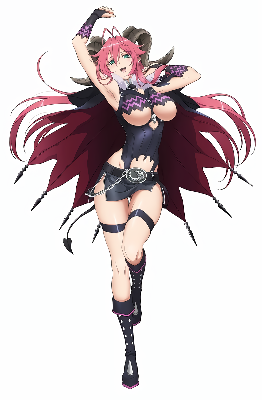 1girl antenna_hair asmodeus_(sin_nanatsu_no_taizai) asmodeus_(the_seven_deadly_sins) belt black_boots black_skirt boots breasts bridal_gauntlets demon_girl demon_horns full_body fur_trim green_eyes hair_between_eyes highres horns knee_boots large_breasts long_hair looking_at_viewer nishii_(damnedrive) official_art pencil_skirt pink_hair pointy_ears scan simple_background sin_nanatsu_no_taizai skirt smile solo the_seven_deadly_sins thigh_strap underboob white_background