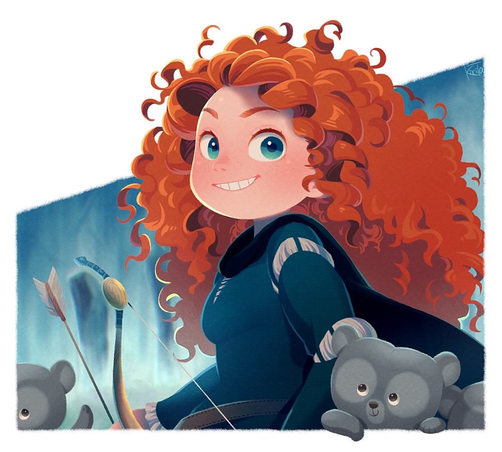 1girl arrow_(projectile) bear black_cape blue_eyes border bow_(weapon) brave_(disney) brave_(pixar) brother_and_sister cape curly_hair dress eyelashes grin holding holding_arrow holding_bow_(weapon) holding_weapon kiri_futoshi long_hair long_sleeves merida_(brave) red_hair siblings signature smile weapon white_border