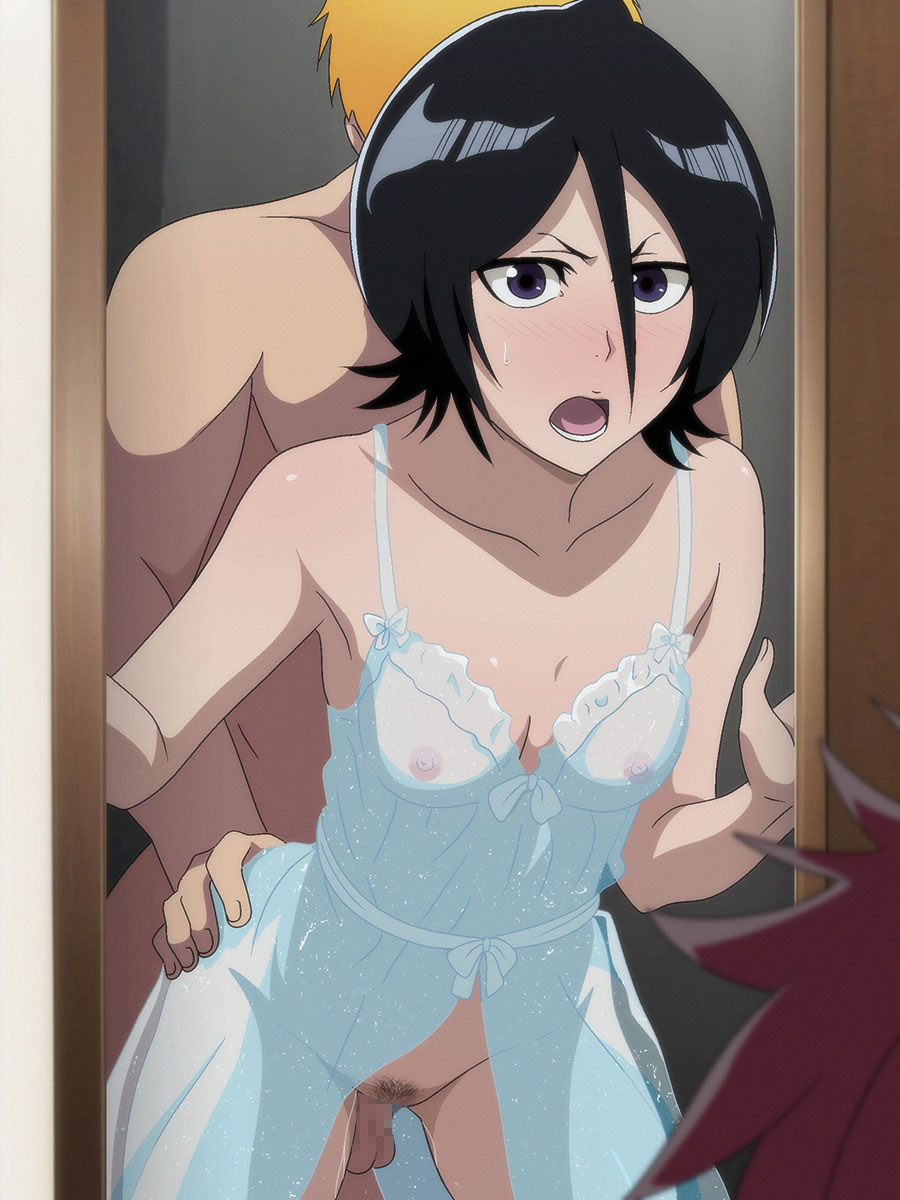 1girl 2boys black_hair bleach blonde_hair breasts censored clothed_female_nude_male female_pubic_hair highres kuchiki_rukia multiple_boys nipples nude open_mouth pubic_hair red_hair salmon_knight see-through_clothes sex sex_from_behind vaginal
