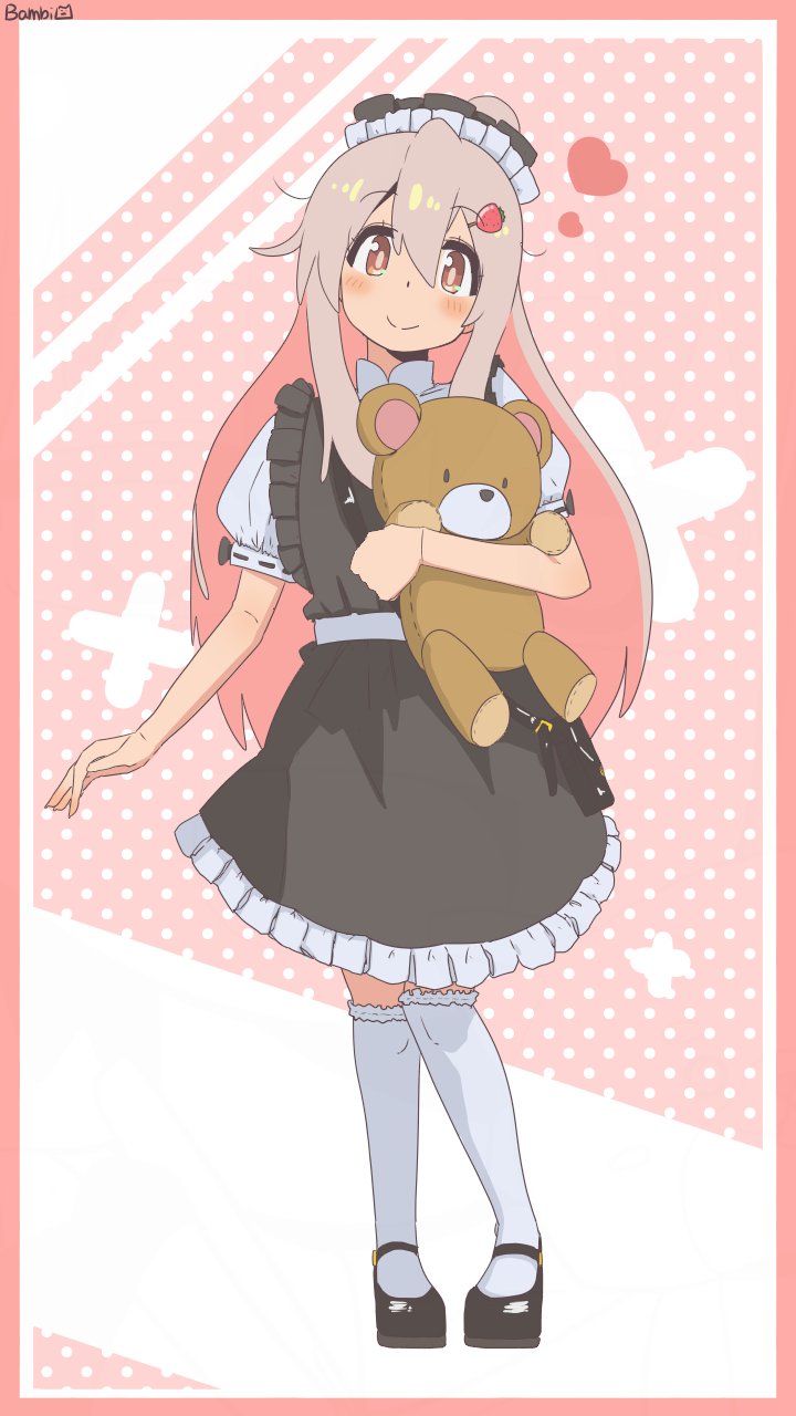 1girl alternate_costume artist_name bambi2000line bare_arms black_shoes blush border brown_eyes closed_mouth commentary dot_mouth frilled_skirt frills full_body hair_between_eyes hair_ornament hairclip heart highres holding_stuffed_toy kneehighs long_hair looking_at_viewer mary_janes onii-chan_wa_oshimai! oyama_mahiro pink_hair polka_dot polka_dot_background puffy_short_sleeves puffy_sleeves red_border shoes short_sleeves sidelocks simple_background skirt smile socks solo standing very_long_hair white_socks