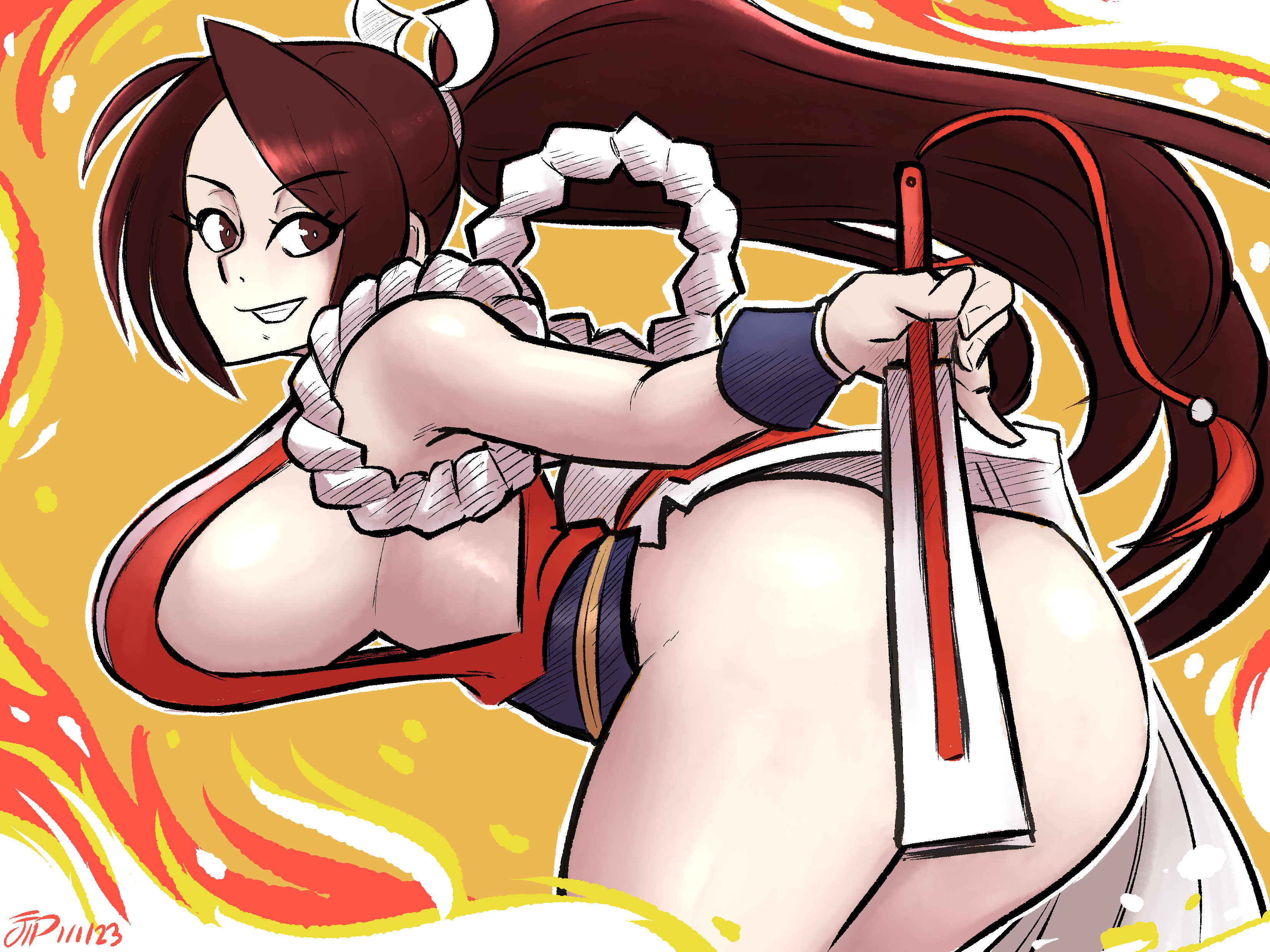 1girl absurdres ass blush breasts brown_eyes brown_hair cleavage covering_ass covering_privates curvy fatal_fury fire highres huge_ass large_breasts legs_together long_hair looking_back orange_background pelvic_curtain revealing_clothes shiny_skin shiranui_mai sideboob smile snk solo sweat sweatdrop thighs videajames white_background wide_hips