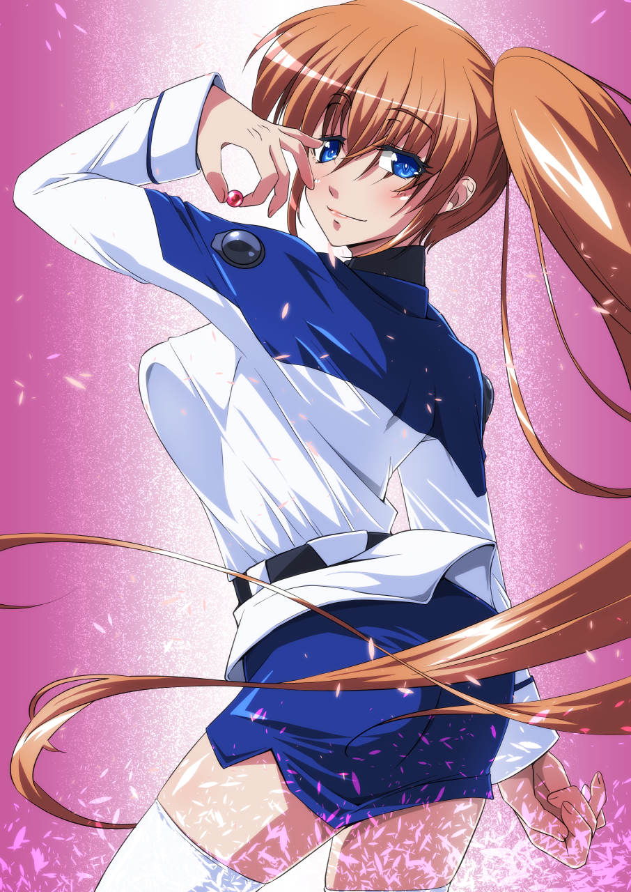 1girl ass blush breasts brown_hair highres large_breasts long_hair lyrical_nanoha mahou_shoujo_lyrical_nanoha_strikers military_uniform ponytail raising_heart solo takamachi_nanoha tappa_(esperanza) thighhighs tsab_air_military_uniform white_thighhighs