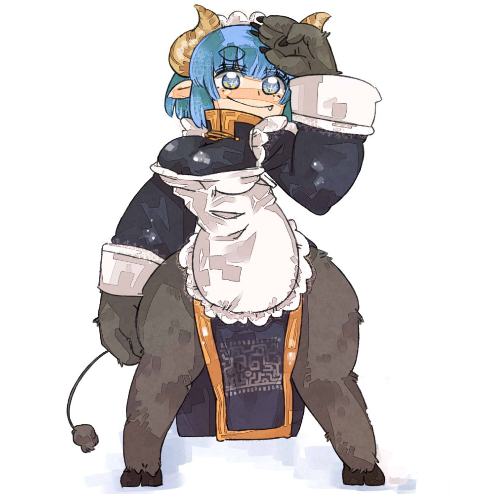 1girl animal_hands animal_legs apron arm_at_side black_dress black_fur black_tail blue_eyes blue_hair body_fur breasts closed_mouth croixsan dress fang fang_out full_body futaba_channel hand_up hooves horns large_breasts legs_apart long_sleeves looking_afar maid maid_apron maid_headdress nijiura_maids pelvic_curtain pointy_ears shading_eyes short_hair simple_background sleeve_cuffs smile solo standing thick_eyebrows toutetsu_(nijiura_maids) white_apron white_background white_sleeve_cuffs yellow_horns