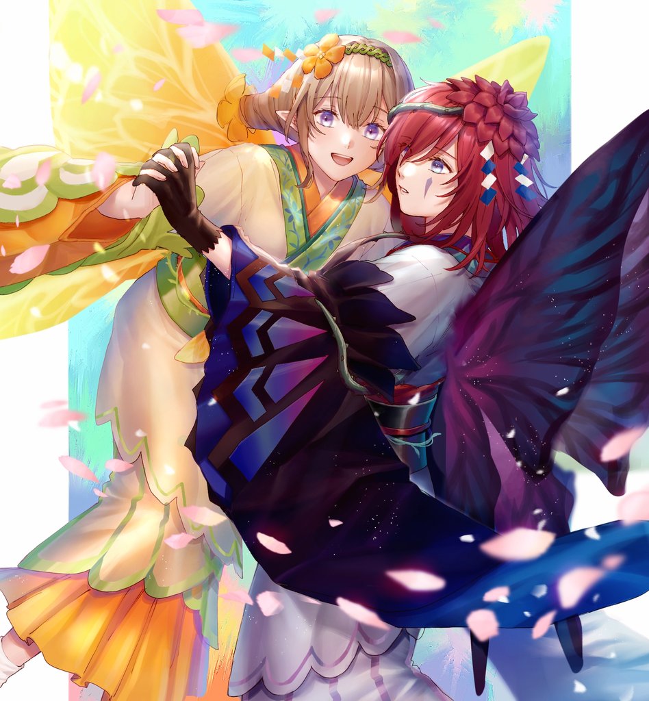2girls ai_tkkm blonde_hair fairy_wings fire_emblem fire_emblem_heroes hair_between_eyes hair_over_one_eye holding_hands japanese_clothes kimono multiple_girls nintendo official_alternate_costume peony_(fire_emblem) peony_(new_year)_(fire_emblem) purple_eyes purple_hair siblings sisters triandra_(fire_emblem) triandra_(new_year)_(fire_emblem) wings yukata