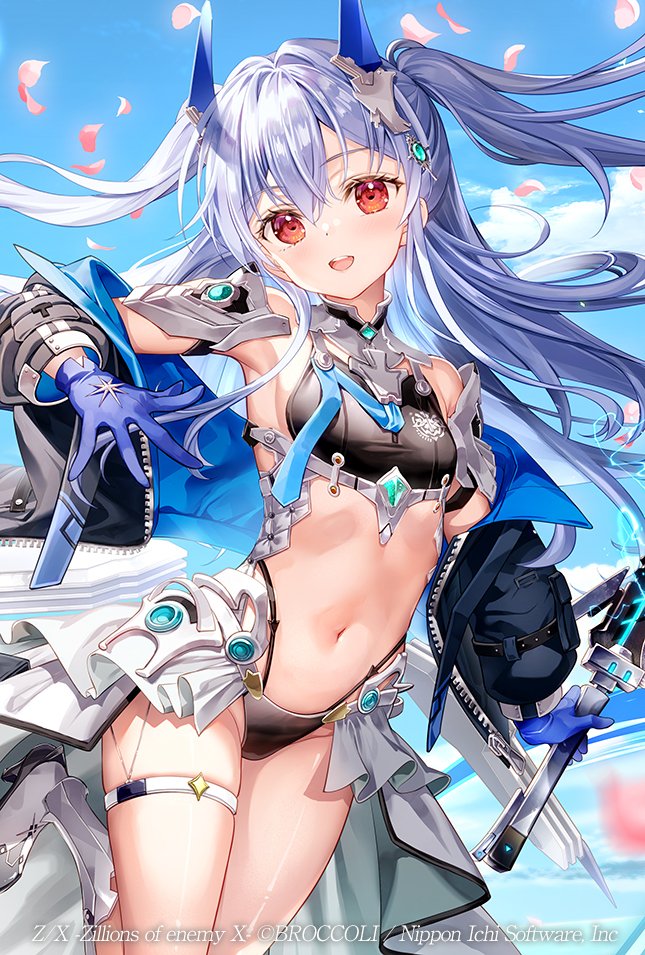 1girl :d armored_boots black_jacket blue_gloves blue_sky boots breasts cloud commentary_request day electricity fujima_takuya gloves grey_hair hair_between_eyes hair_intakes headgear holding holding_sword holding_weapon jacket kagamihara_azumi long_hair long_sleeves looking_at_viewer official_art open_clothes open_jacket open_mouth outdoors petals puffy_long_sleeves puffy_sleeves red_eyes sky small_breasts smile solo standing standing_on_one_leg sword two_side_up very_long_hair weapon white_boots z/x